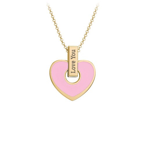 Engravable Pink Cold Enamel Heart Pendant – 10K Yellow Gold