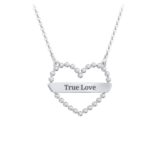 Beaded Open Heart Necklace with Engravable Bar – Sterling Silver
