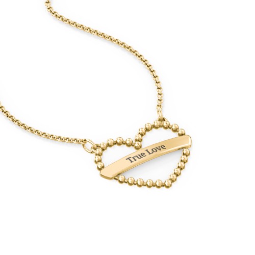 Beaded Open Heart Necklace with Engravable Bar – 10K Yellow Gold