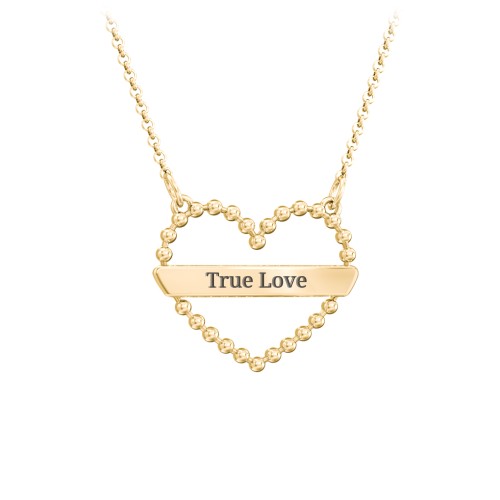 Beaded Open Heart Necklace with Engravable Bar – 10K Yellow Gold