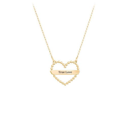 Beaded Open Heart Necklace with Engravable Bar – 10K Yellow Gold