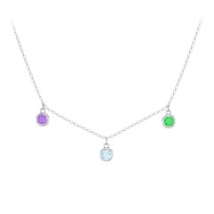Bezel Set Birthstone Drop Necklace - 3 Stone – Sterling Silver with Amethyst, Blue Topaz, and Emerald