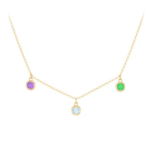 Bezel Set Birthstone Drop Necklace - 3 Stone – 10K Yellow Gold with Amethyst, Blue Topaz, and Emerald