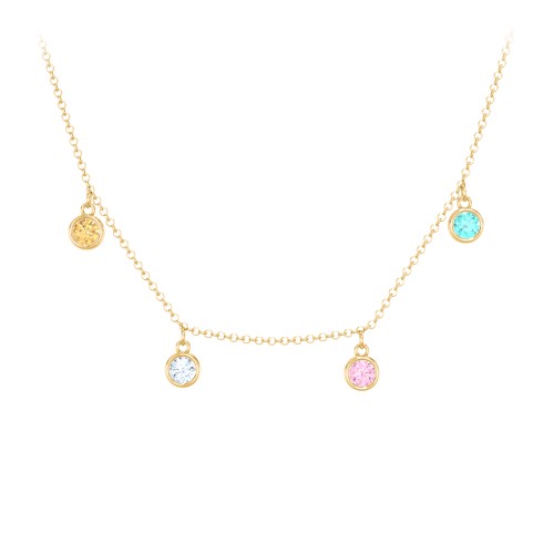 Bezel Set Birthstone Drop Necklace - 4 Stone – 10K Yellow Gold with Citrine, Aquamarine, Pink Tourmaline, and Mint Premium Zirconia