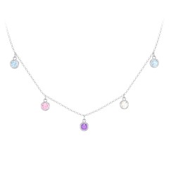 Bezel Set Birthstone Drop Necklace - 5 Stone – 10K Yellow Gold with Blue Topaz, Pink Tourmaline, Amethyst, and Cubic Zirconia