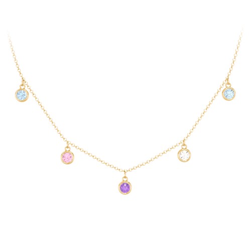 Bezel Set Birthstone Drop Necklace - 5 Stone – 10K Yellow Gold with Blue Topaz, Pink Tourmaline, Amethyst, and Cubic Zirconia
