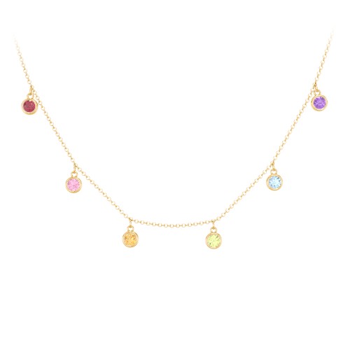 Bezel Set Birthstone Drop Necklace - 6 Stone – 10K Yellow Gold with Ruby, Pink Tourmaline, Citrine, Peridot, Blue Topaz, and Amethyst