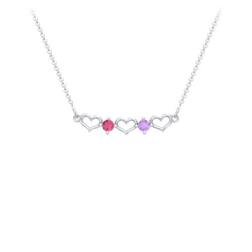 Heart To Heart Necklace with 2 Birthstones – Sterling Silver with Ruby and Amethyst
