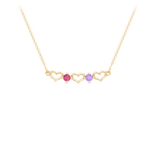 Heart To Heart Necklace with 2 Birthstones – 10K Yellow Gold with Ruby and Amethyst