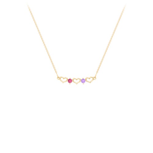 Heart To Heart Necklace with 2 Birthstones – 10K Yellow Gold with Ruby and Amethyst