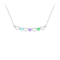 Heart To Heart Necklace with 3 Birthstones – Sterling Silver with Mint Premium Zirconia, Amethyst, and Emerald