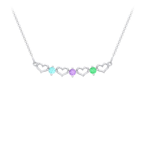Heart To Heart Necklace with 3 Birthstones – Sterling Silver with Mint Premium Zirconia, Amethyst, and Emerald