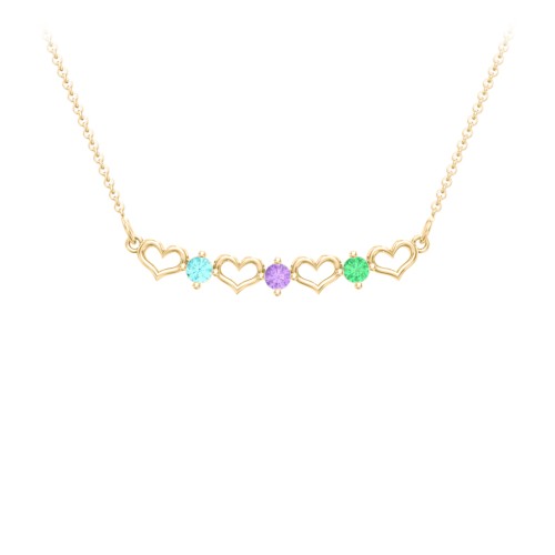 Heart To Heart Necklace with 3 Birthstones – 10K Yellow Gold with Mint Premium Zirconia, Amethyst, and Emerald