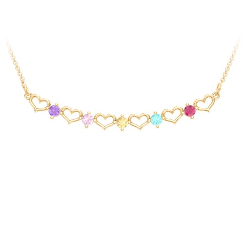 Heart To Heart Necklace with 5 Birthstones – 10K Yellow Gold with Amethyst, Pink Tourmaline, Citrine, Mint Premium Zirconia, and Ruby