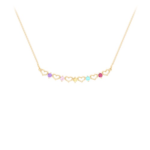 Heart To Heart Necklace with 5 Birthstones – 10K Yellow Gold with Amethyst, Pink Tourmaline, Citrine, Mint Premium Zirconia, and Ruby