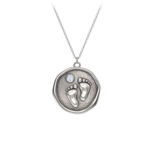 Engravable Baby Footprint Medallion Necklace with Birthstone – Sterling Silver with Aquamarine