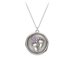 Engravable Baby Footprint Medallion Necklace with Birthstone in 925 Sterling Silver with Amethyst