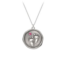 Engravable Baby Footprint Medallion Necklace with Birthstone in 925 Sterling Silver with Ruby