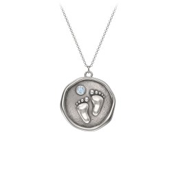 Engravable Baby Footprint Medallion Necklace with Birthstone in 925 Sterling Silver with Blue Topaz