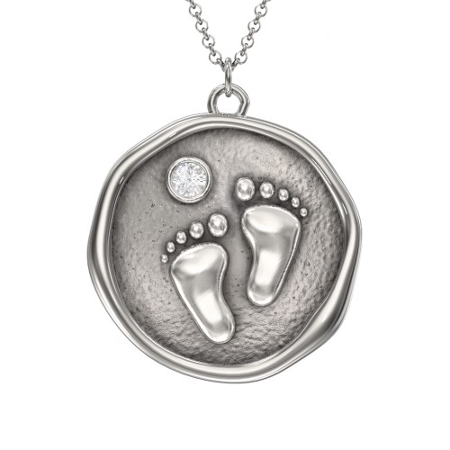 Engravable Baby Footprint Medallion Necklace with Birthstone – Sterling Silver with Cubic Zirconia
