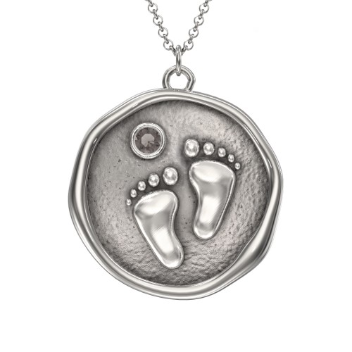Engravable Baby Footprint Medallion Necklace with Birthstone – Sterling Silver with Smokey Quartz