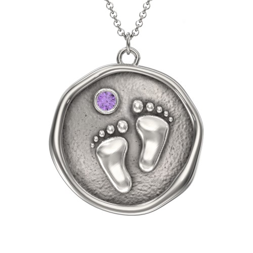 Engravable Baby Footprint Medallion Necklace with Birthstone – Sterling Silver with Amethyst