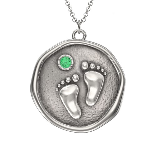 Engravable Baby Footprint Medallion Necklace with Birthstone – Sterling Silver with Emerald