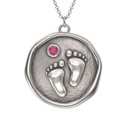 Engravable Baby Footprint Medallion Necklace with Birthstone – Sterling Silver with Ruby