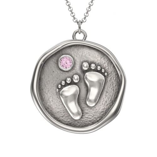 Engravable Baby Footprint Medallion Necklace with Birthstone – Sterling Silver with Pink Tourmaline