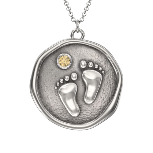 Engravable Baby Footprint Medallion Necklace with Birthstone – Sterling Silver with Citrine