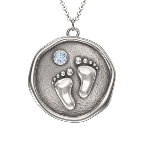 Engravable Baby Footprint Medallion Necklace with Birthstone – Sterling Silver with Blue Topaz