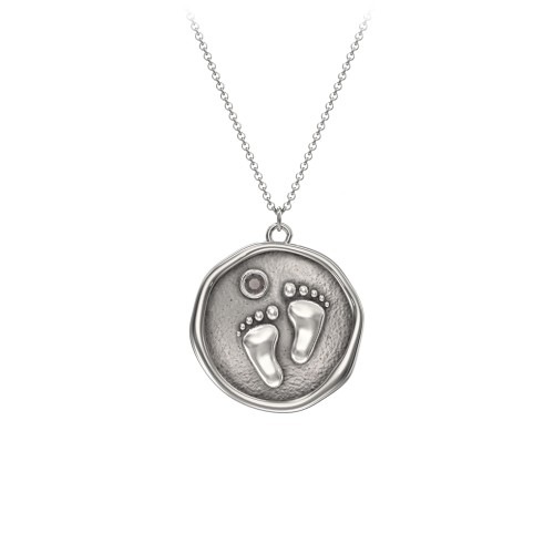 Engravable Baby Footprint Medallion Necklace with Birthstone – Sterling Silver with Smokey Quartz