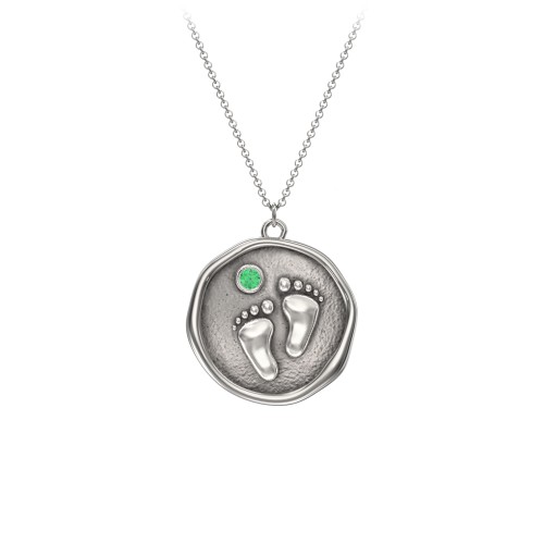 Engravable Baby Footprint Medallion Necklace with Birthstone – Sterling Silver with Emerald