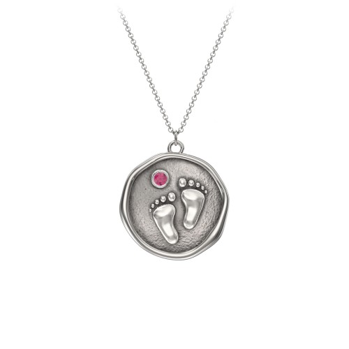 Engravable Baby Footprint Medallion Necklace with Birthstone – Sterling Silver with Ruby