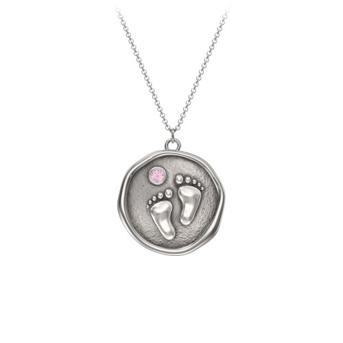Engravable Baby Footprint Medallion Necklace with Birthstone – Sterling Silver with Pink Tourmaline