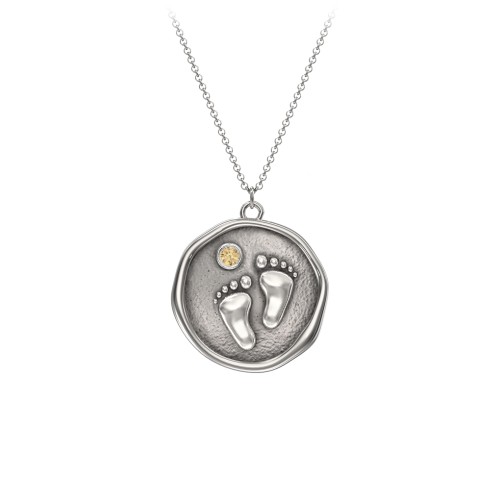 Engravable Baby Footprint Medallion Necklace with Birthstone – Sterling Silver with Citrine