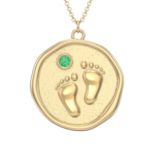 Engravable Baby Footprint Medallion Necklace with Birthstone – 10K Yellow Gold with Emerald