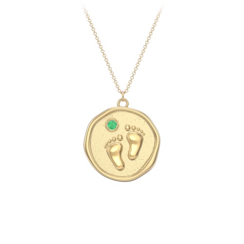 Engravable Baby Footprint Medallion Necklace with Birthstone – 10K Yellow Gold with Emerald