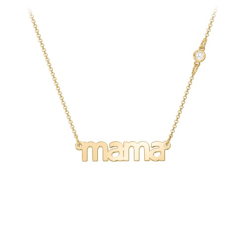 Mama Necklace In Modern Font with Satellite Birthstone – 18K Gold Plated Silver with Cubic Zirconia