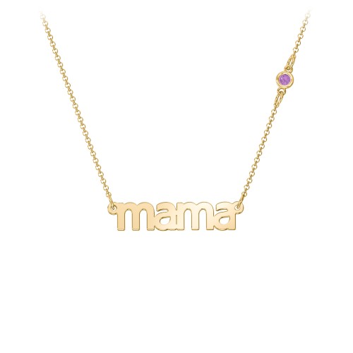 Mama Necklace In Modern Font with Satellite Birthstone – 18K Gold Plated Silver with Amethyst
