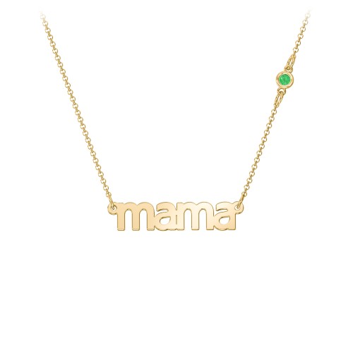 Mama Necklace In Modern Font with Satellite Birthstone – 18K Gold Plated Silver with Emerald
