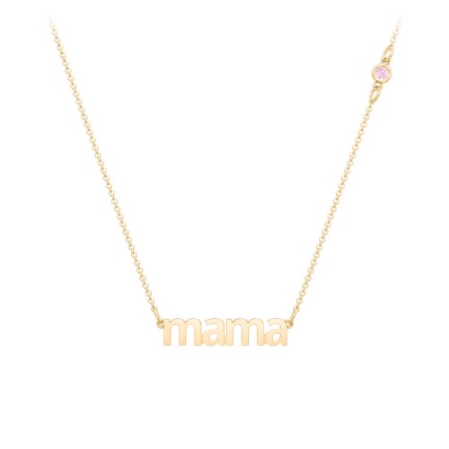 Mama Necklace In Modern Font with Satellite Birthstone – 18K Gold Plated Silver with Pink Tourmaline