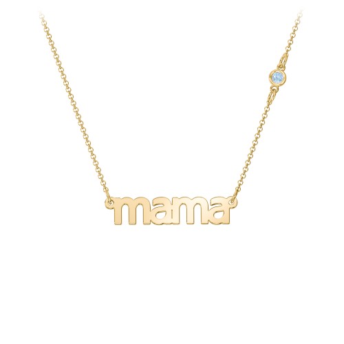 Mama Necklace In Modern Font with Satellite Birthstone – 18K Gold Plated Silver with Blue Topaz