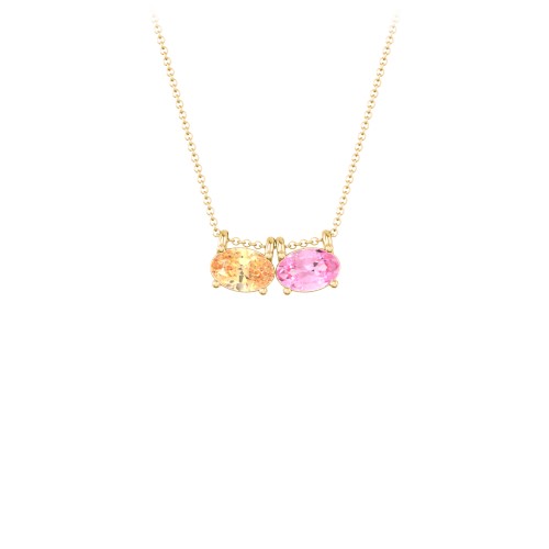 East-West Oval Necklace with 2 Gemstones – 10K Yellow Gold with Fancy Yellow Premium Zirconia and Pink Tourmaline