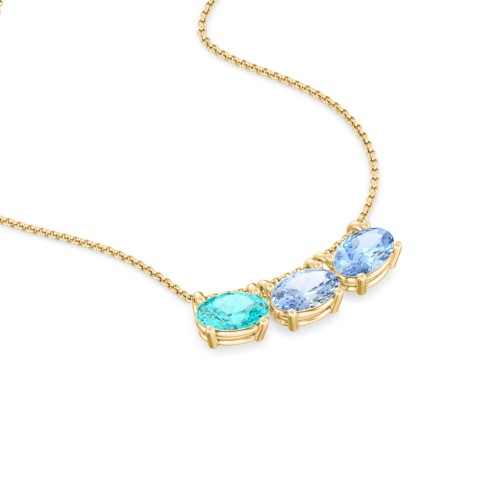 East-West Oval Necklace with 3 Gemstones – 10K Yellow Gold with Mint Premium Zirconia, Aquamarine, and Blue Topaz