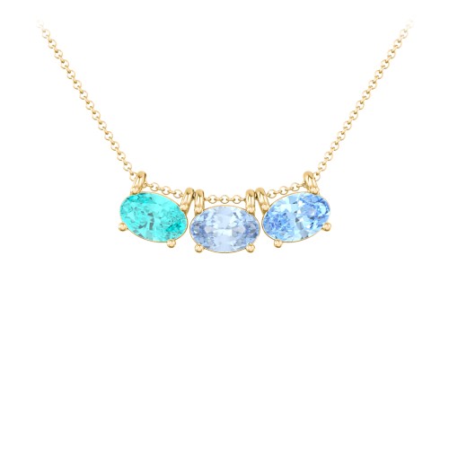 East-West Oval Necklace with 3 Gemstones – 10K Yellow Gold with Mint Premium Zirconia, Aquamarine, and Blue Topaz