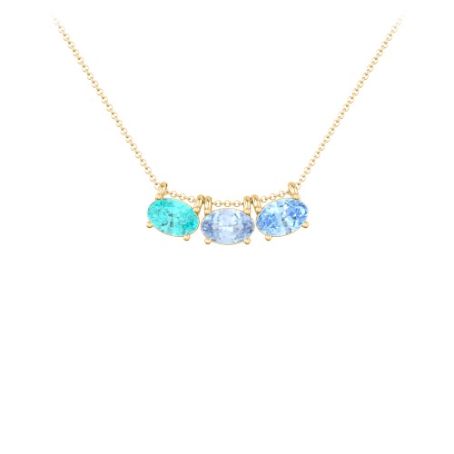 East-West Oval Necklace with 3 Gemstones – 10K Yellow Gold with Mint Premium Zirconia, Aquamarine, and Blue Topaz