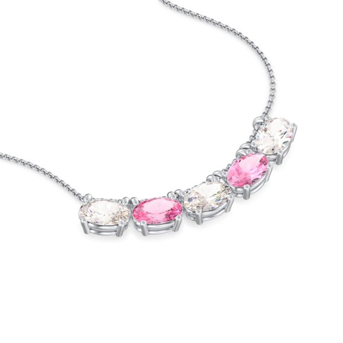 East-West Oval Necklace with 5 Gemstones – Sterling Silver with Cubic Zirconia and Pink Tourmaline