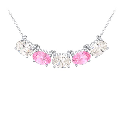 East-West Oval Necklace with 5 Gemstones – Sterling Silver with Cubic Zirconia and Pink Tourmaline