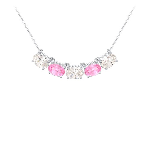 East-West Oval Necklace with 5 Gemstones – Sterling Silver with Cubic Zirconia and Pink Tourmaline